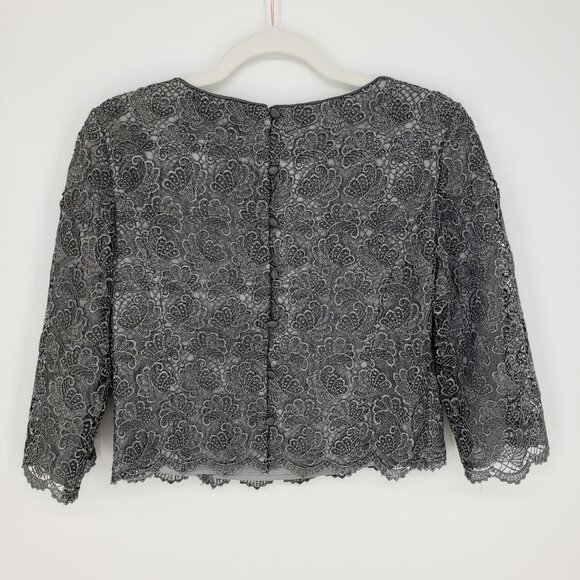 3/$25 581 Talbots Metallic Lace Top 4P Scallop Hem Cropped 3/4 Sleeves Silver - Picture 2 of 8